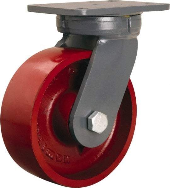 Hamilton - 8" Diam x 3" Wide x 10-1/2" OAH Top Plate Mount Swivel Caster - Cast Iron, 2,600 Lb Capacity, Tapered Roller Bearing, 5-1/4 x 7-1/4" Plate - Caliber Tooling