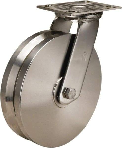 Hamilton - 8" Diam x 2" Wide, Stainless Steel Swivel Caster - 800 Lb Capacity, Top Plate Mount, 3-3/4" x 4-1/2" Plate, Delrin Bearing - Caliber Tooling