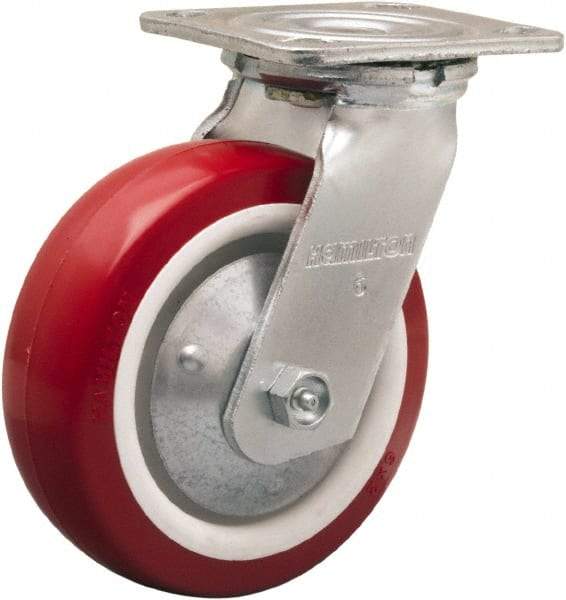 Hamilton - 6" Diam x 2" Wide x 7-1/2" OAH Top Plate Mount Swivel Caster - Polyurethane Mold on Polypropylene, 900 Lb Capacity, Straight Roller Bearing, 4 x 4-1/2" Plate - Caliber Tooling