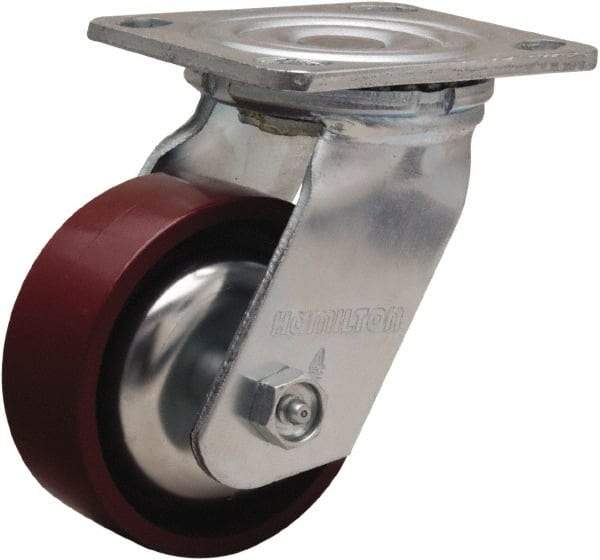 Hamilton - 4" Diam x 1-1/2" Wide x 5-5/8" OAH Top Plate Mount Swivel Caster - Cast Iron, 550 Lb Capacity, Straight Roller Bearing, 4 x 4-1/2" Plate - Caliber Tooling