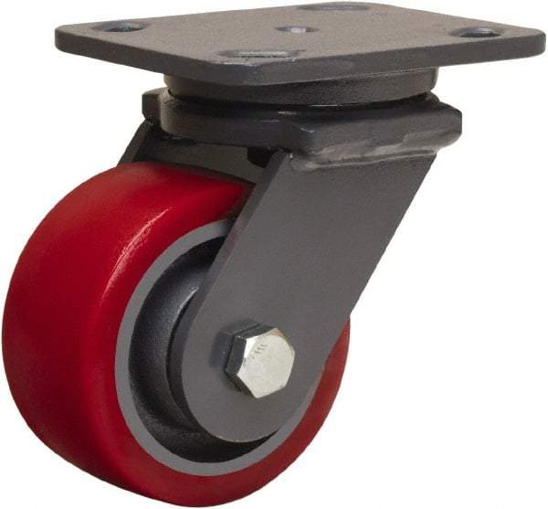 Hamilton - 4" Diam x 2" Wide x 5-5/8" OAH Top Plate Mount Swivel Caster - Polyurethane Mold onto Cast Iron Center, 900 Lb Capacity, Sealed Precision Ball Bearing, 4 x 5" Plate - Caliber Tooling