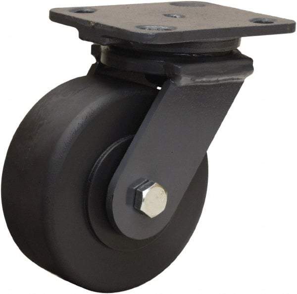 Hamilton - 5" Diam x 2" Wide x 6-1/2" OAH Top Plate Mount Swivel Caster - Nylon, 2,000 Lb Capacity, Sealed Precision Ball Bearing, 4 x 5" Plate - Caliber Tooling