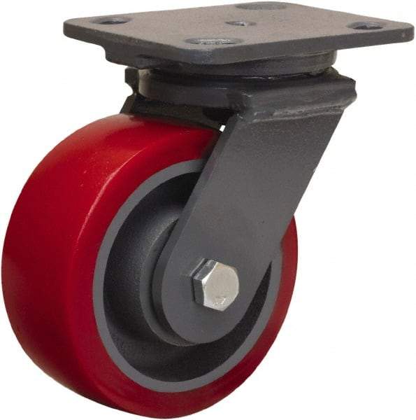 Hamilton - 5" Diam x 2" Wide x 6-1/2" OAH Top Plate Mount Swivel Caster - Polyurethane Mold on Forged Steel, 1,250 Lb Capacity, Sealed Precision Ball Bearing, 4 x 5" Plate - Caliber Tooling