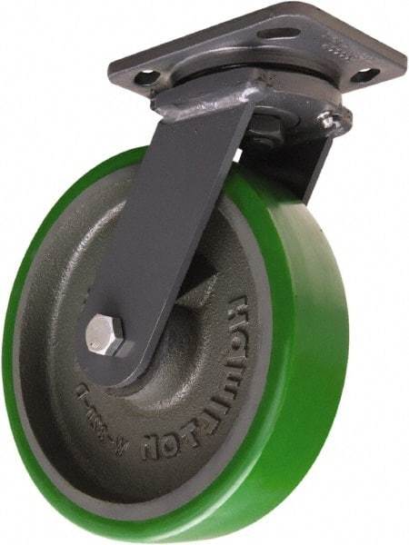 Hamilton - 8" Diam x 2" Wide x 9-1/2" OAH Top Plate Mount Swivel Caster - Polyurethane Mold onto Cast Iron Center, 1,500 Lb Capacity, Tapered Roller Bearing, 4 x 5" Plate - Caliber Tooling