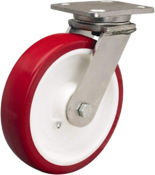 Hamilton - 8" Diam x 2" Wide x 9-1/2" OAH Top Plate Mount Swivel Caster - Polyurethane Mold on Polypropylene, 1,000 Lb Capacity, Delrin Bearing, 4 x 5" Plate - Caliber Tooling