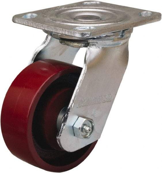 Hamilton - 4" Diam x 1-1/2" Wide x 5-5/8" OAH Top Plate Mount Swivel Caster - Cast Iron, 550 Lb Capacity, Straight Roller Bearing, 4 x 4-1/2" Plate - Caliber Tooling