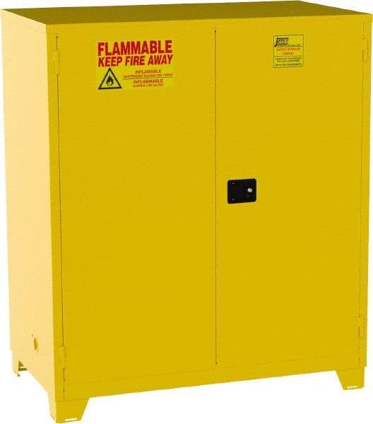 Jamco - 2 Door, 2 Shelf, Yellow Steel Double Wall Safety Cabinet for Flammable and Combustible Liquids - 70" High x 34" Wide x 59" Deep, Manual Closing Door, 3 Point Key Lock, 120 Gal Capacity - Caliber Tooling