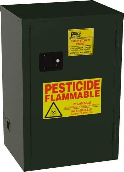 Jamco - 1 Door, 1 Shelf, Green Steel Double Wall Safety Cabinet for Flammable and Combustible Liquids - 35" High x 18" Wide x 23" Deep, Self Closing Door, 3 Point Key Lock, 12 Gal Capacity - Caliber Tooling