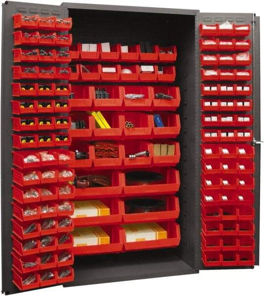 Durham - 126 Bin Storage Cabinet - Steel, 36" Wide x 24" Deep x 72" High, Red - Caliber Tooling