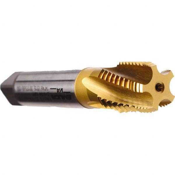 Emuge - 3/4-14 NPT, 5 Flutes, TiN Coated, Cobalt, Interrupted Thread Pipe Tap - 3-1/4 Inch Overall Length, 29/32 Inch Shank Diameter, 1.38 Inch Thread Length, 0.67 Inch Square Size, Modified Bottoming Chamfer, Series KEG - Caliber Tooling