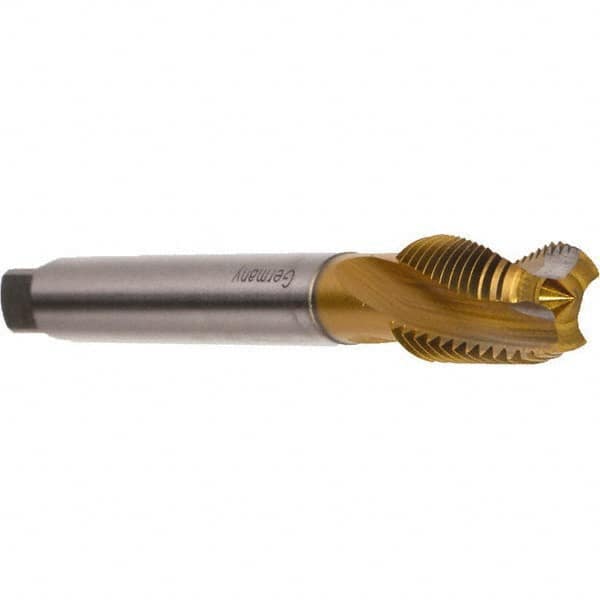 Emuge - 1/8-28" BSPP, 3 Flutes, Modified Bottoming Chamfer, TiN Coated, Cobalt British Standard Pipe Tap - 0.2756" Shank Diam, 0.2165" Square Size, Series Rekord DF - Exact Industrial Supply