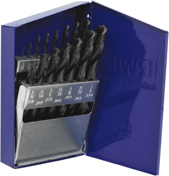 Drill Bit Set: Jobber Length Drill Bits, 15 Pc, 0.0625″ to 0.5″ Drill Bit Size, 135 °, High Speed Steel Oxide