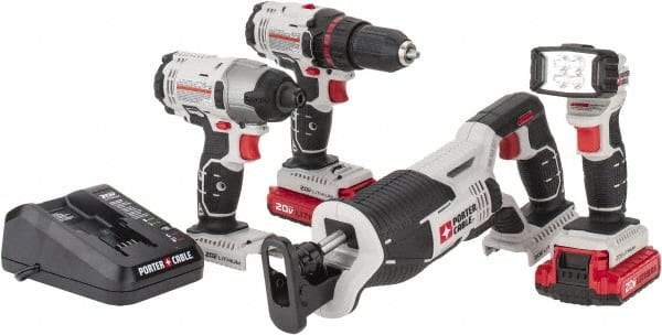 Porter-Cable - 20 Volt Cordless Tool Combination Kit - Includes 1/2" Drill/Driver, 1/4" Impact Driver, Reciprocating Saw & Flash Light, Lithium-Ion Battery Included - Caliber Tooling