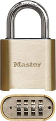 Master Lock - 2" Body Width x 3" Body Height, 1" Shackle Clearance, Brass Finish Combination Lock - 5/16" Shackle Diam, 1" Shackle Width, Set Your Own 4 Digit Combination - Caliber Tooling