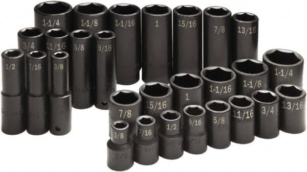 SK - 28 Piece 1/2" Drive Standard Deep Impact Socket Set - 6 Points, 3/8 to 1-1/4", Inch Measurement Standard - Caliber Tooling