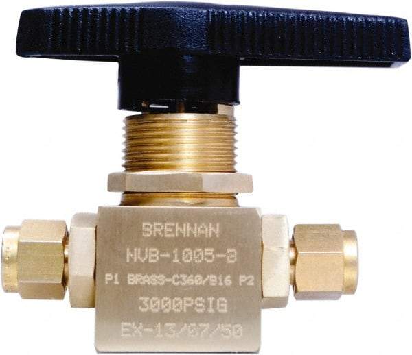 Brennan - 1/4" Pipe, Tube End Connections, Brass, Inline, Two Way Flow, Instrumentation Ball Valve - 3,000 psi WOG Rating, Nylon Handle, PTFE Seal, PFA Seat, Swaglok B-42S4 - Caliber Tooling