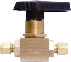 Brennan - 3/8" Pipe, Tube End Connections, Brass, Inline, Two Way Flow, Instrumentation Ball Valve - 3,000 psi WOG Rating, Nylon Handle, PTFE Seal, PFA Seat, Swaglok B-44S6 - Caliber Tooling