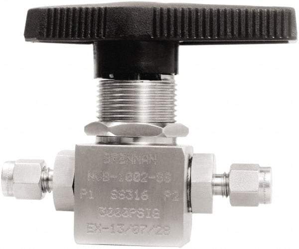 Brennan - 1/8" Pipe, Tube End Connections, Stainless Steel, Inline, Two Way Flow, Instrumentation Ball Valve - 3,000 psi WOG Rating, Nylon Handle, PTFE Seal, PFA Seat, Swaglok SS-41GS2 - Caliber Tooling