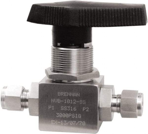 Brennan - 3/8" Pipe, Tube End Connections, Stainless Steel, Inline, Two Way Flow, Instrumentation Ball Valve - 3,000 psi WOG Rating, Nylon Handle, PTFE Seal, PFA Seat, Swaglok SS-44S6 - Caliber Tooling