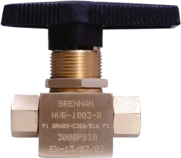 Brennan - 1/8" Pipe, NPT End Connections, Brass, Inline, Two Way Flow, Instrumentation Ball Valve - 3,000 psi WOG Rating, Nylon Handle, PTFE Seal, PFA Seat, Swaglok B-42F2 - Caliber Tooling