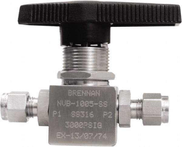 Brennan - 1/4" Pipe, Tube End Connections, Stainless Steel, Inline, Two Way Flow, Instrumentation Ball Valve - 3,000 psi WOG Rating, Nylon Handle, PTFE Seal, PFA Seat, Swaglok SS-42GS4 - Caliber Tooling