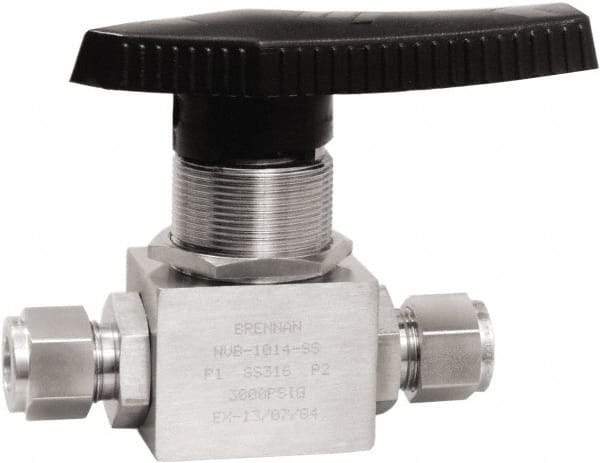 Brennan - 1/2" Pipe, Tube End Connections, Stainless Steel, Inline, Two Way Flow, Instrumentation Ball Valve - 3,000 psi WOG Rating, Nylon Handle, PTFE Seal, PFA Seat, Swaglok SS-45S8 - Caliber Tooling