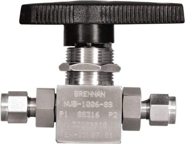 Brennan - 1/4" Pipe, Tube End Connections, Stainless Steel, Inline, Two Way Flow, Instrumentation Ball Valve - 3,000 psi WOG Rating, Nylon Handle, PTFE Seal, PFA Seat, Swaglok SS-43GS4 - Caliber Tooling