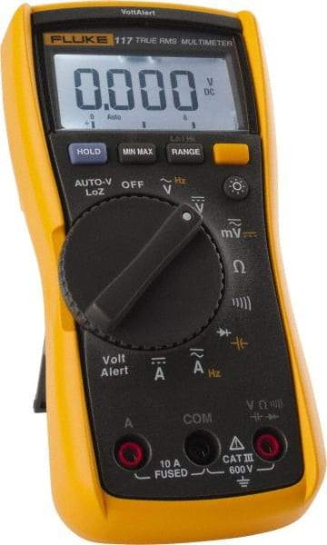 Fluke - 117, CAT III, 600 VAC/VDC, Digital True RMS Auto Ranging Manual Ranging Multimeter - 40 mOhm, Measures Voltage, Capacitance, Current, Frequency, Resistance - Caliber Tooling