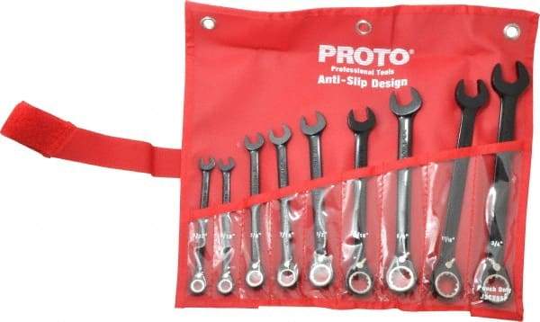 Proto - 9 Piece, 9/32" to 3/4", 12 Point Combination Wrench Set - Inch Measurement Standard, Black/Chrome Finish, Comes in Pouch - Caliber Tooling