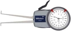 Mitutoyo - 0.8 to 1.6" Inside Dial Caliper Gage - 0.0005" Graduation, 0.0015" Accuracy, 3.3" Leg Length, 0.26" Deep x 0.06" Wide Groove, Ball Contact Points - Caliber Tooling