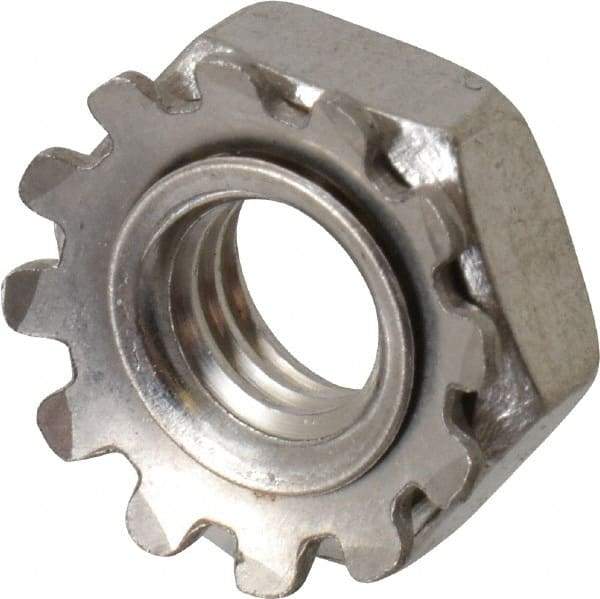 Value Collection - #10-32, 5/32" High, Uncoated, Stainless Steel Hex Nut with External Tooth Washer - 13/32" Washer Diam, 3/8" Width Across Flats, Grade 18-8 - Caliber Tooling