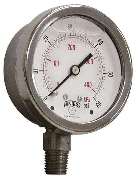 Winters - 2-1/2" Dial, 1/4 Thread, 0-600 Scale Range, Pressure Gauge - Lower Connection Mount, Accurate to 1.5% of Scale - Caliber Tooling