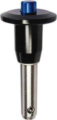 Monroe Engineering Products - 5/8" Diam, 1-1/2" Usable Length, Button Handle, Push Button Quick Release Pin - 3-3/4" OAL, Grade 4140 Steel, Zinc-Plated Finish - Caliber Tooling