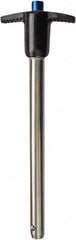 Monroe Engineering Products - 7/16" Diam, 4" Usable Length, T Handle, Push Button Quick Release Pin - 97mm OAL, Grade 4140 Steel, Zinc-Plated Finish - Caliber Tooling