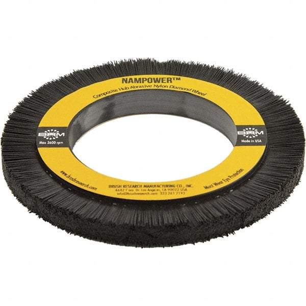 Brush Research Mfg. - 5-29/32" OD, 3-1/4" Arbor Hole, Crimped Abrasive Nylon Wheel Brush - 0.5906" Face Width, 3/4" Trim Length, 3,600 RPM - Caliber Tooling