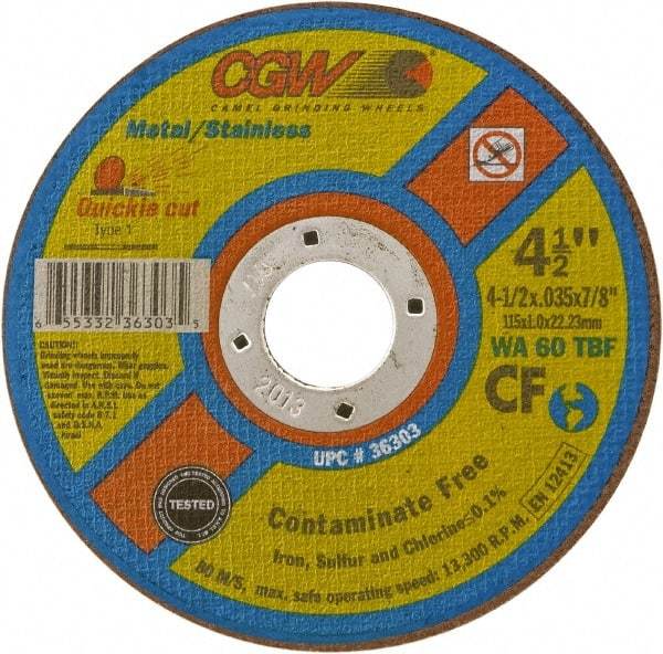 Camel Grinding Wheels - 5" 60 Grit Aluminum Oxide Cutoff Wheel - 0.04" Thick, 7/8" Arbor, 12,250 Max RPM - Caliber Tooling