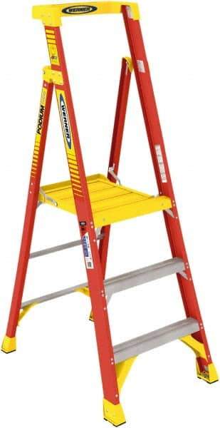 Werner - 3 Steps, 3' High, Type IA Rating, Fiberglass Step Ladder - 300 Lb Load Capacity, 26-3/8" Base Width - Caliber Tooling