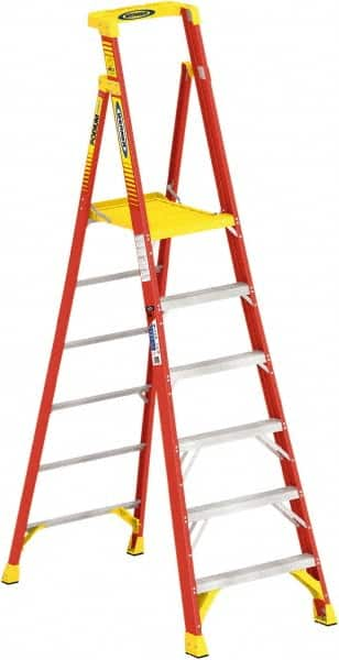 Werner - 6 Steps, 6' High, Type IA Rating, Fiberglass Step Ladder - 300 Lb Load Capacity, 31-3/4" Base Width - Caliber Tooling