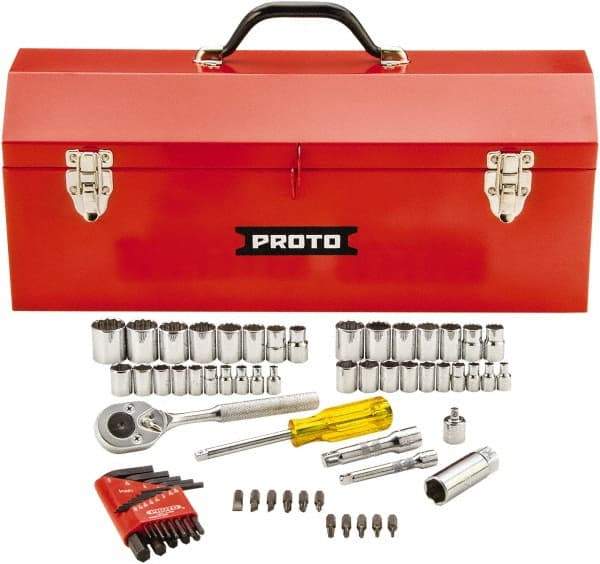 Proto - 65 Piece 1/4 & 3/8" Drive Standard Socket Set - 6 & 12 Points, 1/4 to 5/8", 4 to 17mm, Inch/Metric Measurement Standard - Caliber Tooling