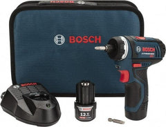 Bosch - 12 Volts, Lithium-Ion Battery, 1/4 Inch Keyless Chuck, Pistol Grip Cordless Drill - 600 RPM, 265 Inch/Lbs. Torque, 2 Speed, Reversible, Includes (2) Lithium-Ion 12V Max Batteries, 30 Minute Charger, Carrying Case - Caliber Tooling