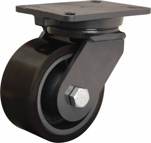 Hamilton - 6" Diam x 3" Wide x 8" OAH Top Plate Mount Swivel Caster - Polyurethane Mold onto Cast Iron Center, 2,860 Lb Capacity, Sealed Precision Ball Bearing, 5-1/4 x 7-1/4" Plate - Caliber Tooling