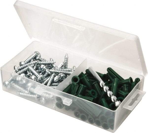 Value Collection - 100 Piece, #14 to 16 Screw, Plastic & Steel Slotted/Phillips Drive Anchor Assortment - Zinc Plated, 1-1/2" Long - Caliber Tooling