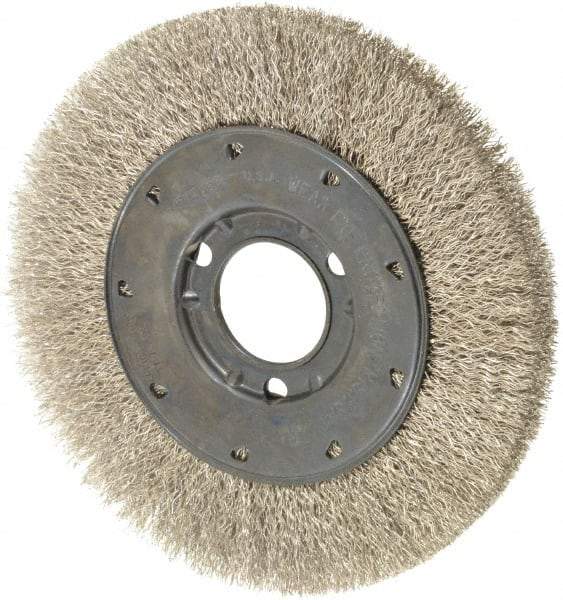 Osborn - 6" OD, 1-1/4" Arbor Hole, Crimped Stainless Steel Wheel Brush - 5/8" Face Width, 1-1/8" Trim Length, 0.0104" Filament Diam, 6,000 RPM - Caliber Tooling