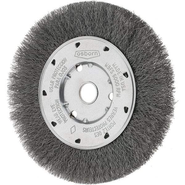 Osborn - 6" OD, 5/8" Arbor Hole, Crimped Steel Wheel Brush - 5/8" Face Width, 1-1/8" Trim Length, 0.008" Filament Diam, 6,000 RPM - Caliber Tooling