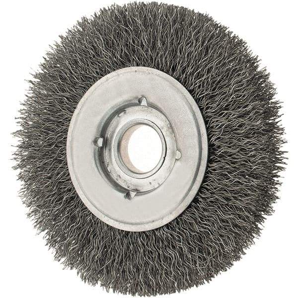 Osborn - 4" OD, 5/8" Arbor Hole, Crimped Steel Wheel Brush - 5/8" Face Width, 13/16" Trim Length, 0.0118" Filament Diam, 6,000 RPM - Caliber Tooling