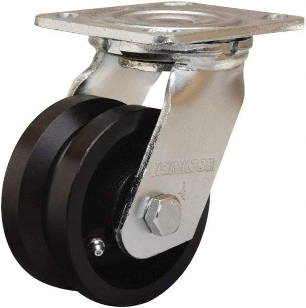 Hamilton - 5" Diam x 2" Wide, Iron Swivel Caster - 800 Lb Capacity, Top Plate Mount, 4" x 4-1/2" Plate, Straight Roller Bearing - Caliber Tooling