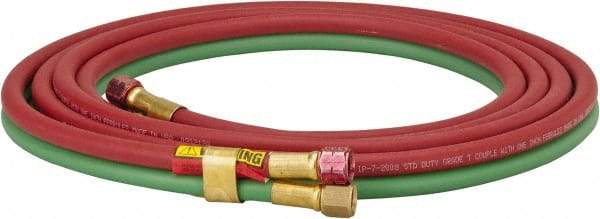 Parker - 1/4" Inside x 17/32" Outside Diam, Grade T Welding Hose - Green & Red, 12-1/2' Long, Twin Style, 200 psi Working Pressure - Caliber Tooling