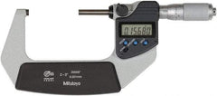 Mitutoyo - 2 to 3 Inch Range, 0 Inch Resolution, Standard Throat, IP65 Electronic Outside Micrometer - 0.0001 Inch Accuracy, Ratchet Friction Thimble, Rotating Spindle, SR44 Battery, Includes NIST Traceability Certification - Caliber Tooling