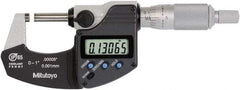 Mitutoyo - 0 to 1 Inch Range, 0 Inch Resolution, Standard Throat, IP65 Electronic Outside Micrometer - 0.0001 Inch Accuracy, Ratchet Stop Thimble, Rotating Spindle, SR44 Battery, Data Output, Includes NIST Traceability Certification - Caliber Tooling