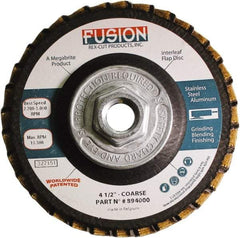 Rex Cut Product - 60 Grit, 4-1/2" Disc Diam, 5/8-11 Center Hole, Type 29 Aluminum Oxide Flap Disc - 13,300 Max RPM, Fiberglass Backing, Arbor Attaching System, Coated & Non-Woven Combo - Caliber Tooling